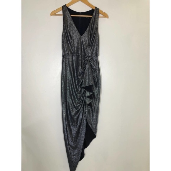 Aidan Mattox Draped Dress V Neck Sleeveless  Metallic 2 - Picture 4 of 14